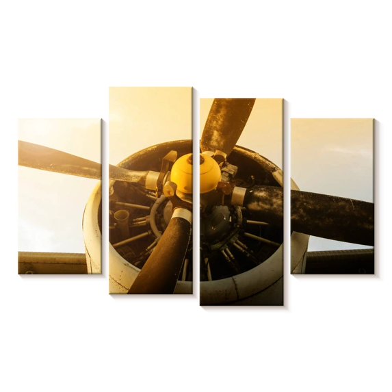 Elephant Stock Golden Sunset Propeller Wall Art - Horizontal Multi Panel Canvas - Living Room Wall Decor - Transportation Multi Panel - Yellow And Brown Decor - 52" x 32"