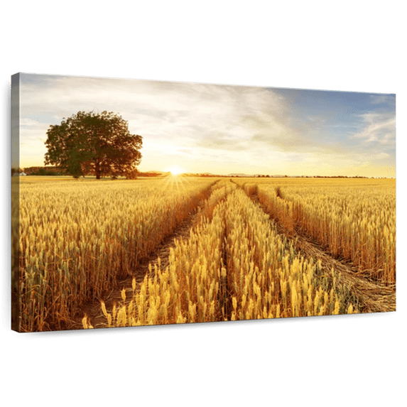 Elephant Stock Golden Wheat Fields Wall Art - Horizontal Canvas Wall Art - Living Room Wall Decor - Floral And Botanical Canvas - Gray And Blue Decor - 30" x 20"