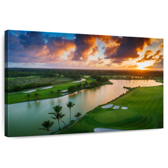 Elephant Stock Golf Course Sunset Wall Art - Horizontal Canvas Wall Art - Living Room Wall Decor - Places Canvas - Green And Orange Decor - 12" x 8"