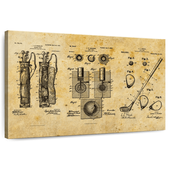 Elephant Stock Golf Set Patent Wall Art - Horizontal Canvas Wall Art - Living Room Wall Decor - Patent Canvas - Black And Yellow Decor - 48" x 32"