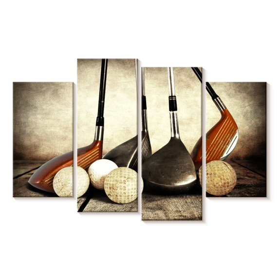 Elephant Stock Golf Sets Wall Art - Horizontal Multi Panel Canvas - Hallway Wall Decor - Sports Multi Panel - Yellow And Brown Decor - 36" x 22"