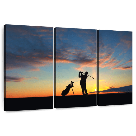 Elephant Stock Golfing At Sunset Wall Art - Horizontal Multi Panel Canvas - Living Room Wall Decor - Sports Multi Panel - Black And Orange Decor - 74" x 48"