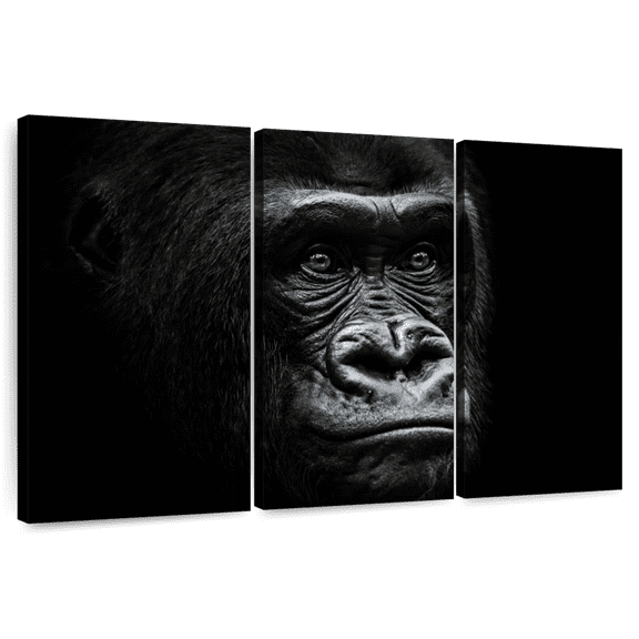 Elephant Stock Gorilla Portrait Close Up Wall Art - Horizontal Multi Panel Canvas - Living Room Wall Decor - Animal Multi Panel - Black And Gray Decor - 33" x 20"