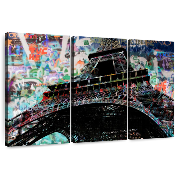 Elephant Stock Graffiti Eiffel Tower Wall Art - Horizontal Multi Panel Canvas - Living Room Wall Decor - Places Multi Panel - Black And White Decor By Stephen Chambers - 74" x 48"