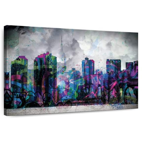 Elephant Stock Graffiti Overcast New York Wall Art - Horizontal Canvas Wall Art - Living Room Wall Decor - City Canvas - Gray And White Decor - 51" x 34"