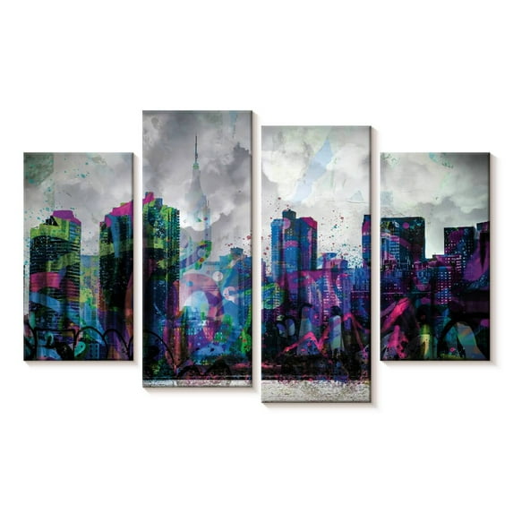 Elephant Stock Graffiti Overcast New York Wall Art - Horizontal Multi Panel Canvas - Living Room Wall Decor - City Multi Panel - Gray And White Decor - 75" x 48"