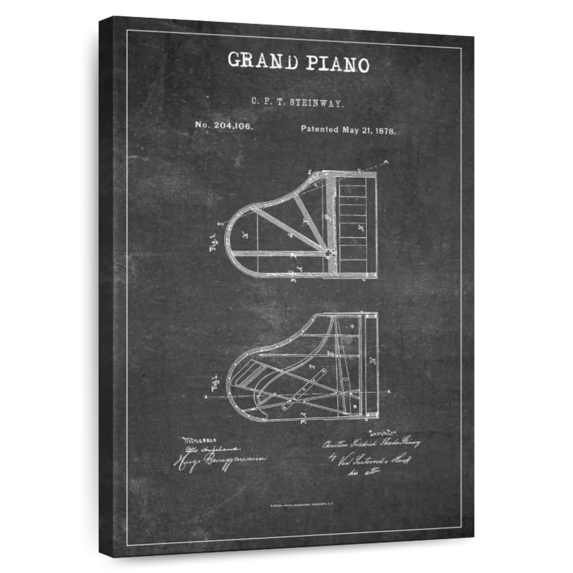 Elephant Stock Grand Piano Bw Patent Wall Art - Vertical Canvas Wall Art - Living Room Wall Decor - Patent Canvas - Gray And White Decor - 16" x 24"