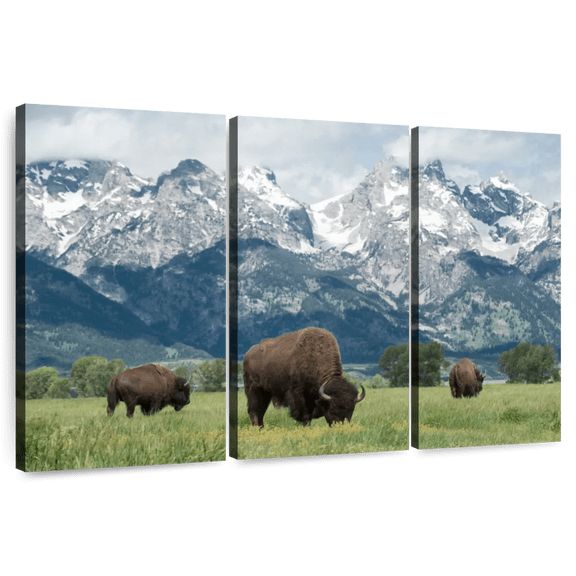 Elephant Stock Grand Teton American Buffalo Herd Wall Art - Horizontal Multi Panel Canvas - Living Room Wall Decor - Nature Multi Panel - Blue And Brown Decor - 57" x 36"