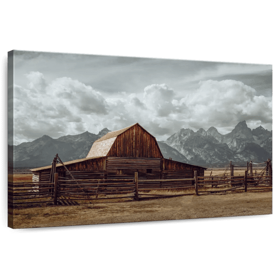 Elephant Stock Grand Teton Barn Wall Art - Horizontal Canvas Wall Art - Living Room Wall Decor - Architecture Canvas - Brown And Blue Decor - 12" x 8"