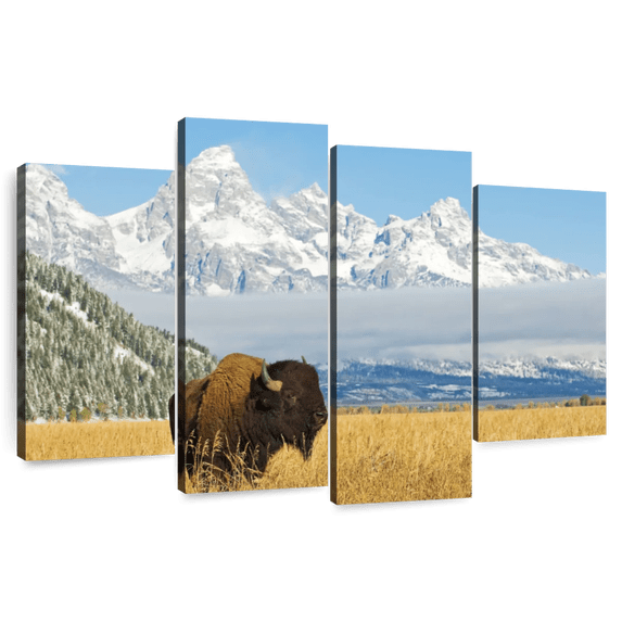 Elephant Stock Grand Teton Bison Bull Wall Art - Horizontal Multi Panel Canvas - Living Room Wall Decor - Animal Multi Panel - Blue And Brown Decor - 75" x 48"