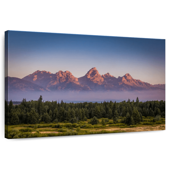 Elephant Stock Grand Teton Mist Wall Art - Horizontal Canvas Wall Art - Living Room Wall Decor - Nature Canvas - Green And Purple Decor - 36" x 24"