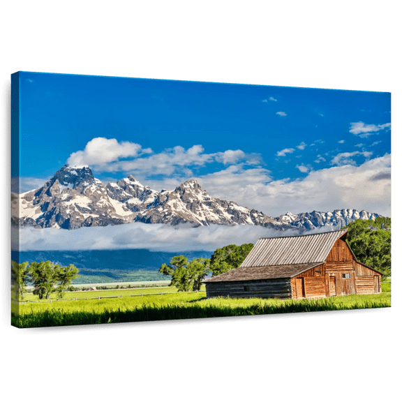 Elephant Stock Grand Teton Mormon Barn Wall Art - Horizontal Canvas Wall Art - Living Room Wall Decor - Nature Canvas - Gray And Brown Decor - 12" x 8"