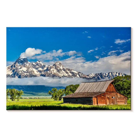 Elephant Stock Grand Teton Mormon Barn Wall Art - Horizontal Canvas Wall Art - Living Room Wall Decor - Nature Canvas - Gray And Brown Decor - 48" x 32"