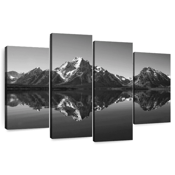 Elephant Stock - Grand Teton Mountains BW Wall Art - Horizontal Multi Panel - 4 Piece Living Room Wall Decor - Photography Nature Canvas Print - Gray and Black Decor - 75" x 48"