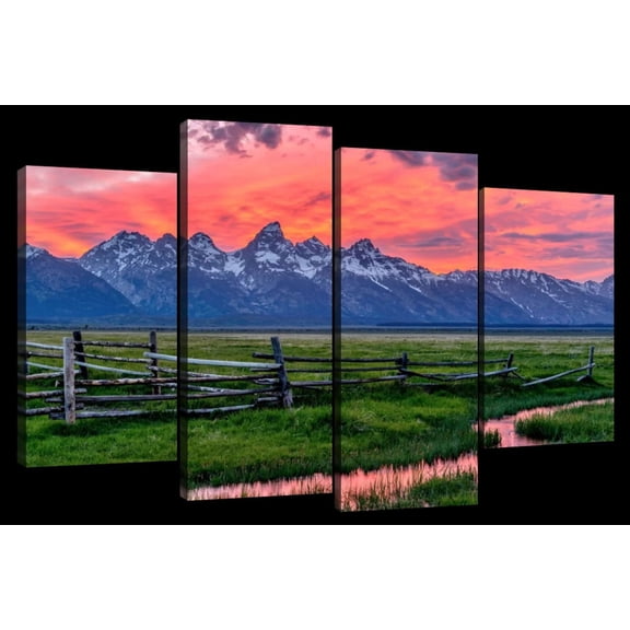 Elephant Stock Grand Teton Sunset Wall Art - Horizontal Multi Panel Canvas - 4 Pieceliving Room Wall Decor - Photography Nature Multi Panel - Pink And Blue Decor - 24" x 14"