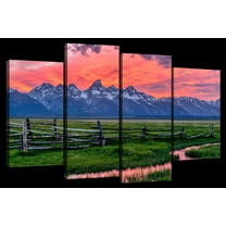 Elephant Stock Grand Teton Sunset Wall Art - Horizontal Multi Panel Canvas - 4 Pieceliving Room Wall Decor - Photography Nature Multi Panel - Pink And Blue Decor - 24" x 14"
