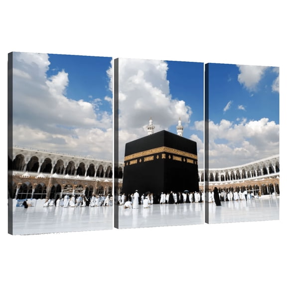 Elephant Stock Great Mosque Of Mecca Wall Art - Horizontal Multi Panel Canvas - Living Room Wall Decor - Religion And Spirituality Multi Panel - Black And Gray Decor - 74" x 48"