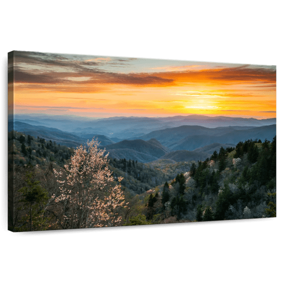 Elephant Stock Great Smoky Mountains Sunrise Wall Art - Horizontal Canvas Wall Art - Living Room Wall Decor - Nature Canvas - Yellow And Orange Decor - 39" x 26"