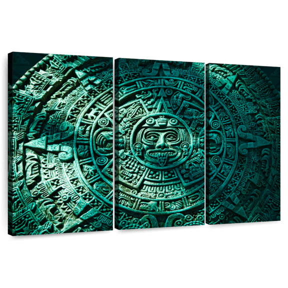Elephant Stock Green Aztec Sun Stone Wall Art - Horizontal Multi Panel Canvas - Living Room Wall Decor - Decor Elements Multi Panel - Teal And Black Decor - 33" x 20"