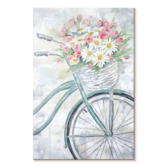 Elephant Stock Green Bike With Flower Basket Wall Art - Vertical Canvas Wall Art - Living Room Wall Decor - Transportation Canvas - White And Gray Decor By Cynthia Coulter - 32" x 48"