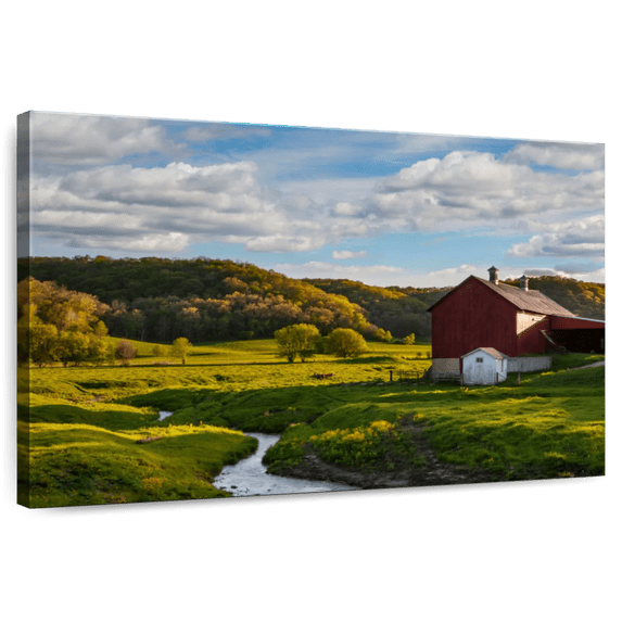 Elephant Stock Green Fields Red Barn Wall Art - Horizontal Canvas Wall Art - Living Room Wall Decor - Nature Canvas - Green And White Decor - 12" x 8"