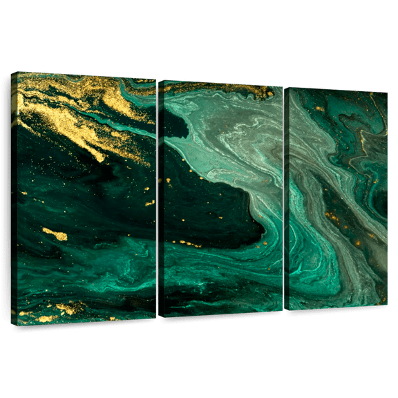 Elephant Stock Green And Gold Abstract Wall Art - Horizontal Multi Panel Canvas - Living Room Wall Decor - Abstract Multi Panel - Gold And Teal Decor - 74" x 48"