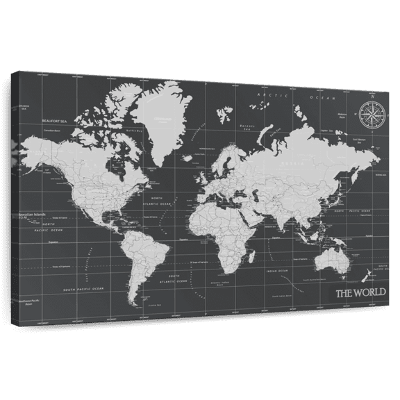 Elephant Stock Grid Lines World Map Wall Art - Horizontal Canvas Wall Art - Living Room Wall Decor - Map Canvas - Gray And Decor - 39" x 26"