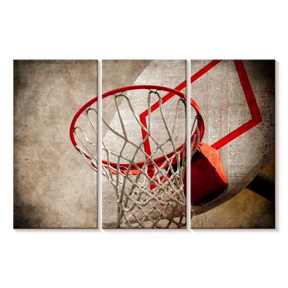 Elephant Stock Grunge Basketball Hoop Wall Art - Horizontal Multi Panel Canvas - Living Room Wall Decor - Sports Multi Panel - Red And Black Decor - 65" x 42"