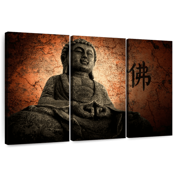 Elephant Stock Grunge Buddha Wall Art - Horizontal Multi Panel Canvas - Living Room Wall Decor - Religion And Spirituality Multi Panel - Gray And Brown Decor - 57" x 36"