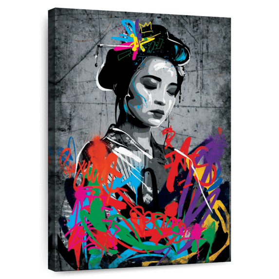 Elephant Stock Grunge Female Portrait Geisha Wall Art - Vertical Canvas Wall Art - Living Room Wall Decor - People Canvas - Black And Gray Decor - 24" x 36"