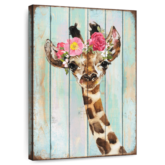 Elephant Stock Grunge Giraffe Floral Crown Wall Art - Vertical Canvas Wall Art - Kids Room Wall Decor - Animal Canvas - Gray And Brown Decor - 16" x 24"