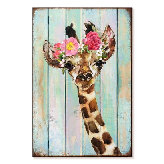Elephant Stock Grunge Giraffe Floral Crown Wall Art - Vertical Canvas Wall Art - Kids Room Wall Decor - Animal Canvas - Gray And Brown Decor - 24" x 36"