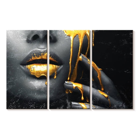 Elephant Stock Grunge Gold Makeup Paint Drip Wall Art - Horizontal Multi Panel Canvas - Living Room Wall Decor - Fashion And Beauty Multi Panel - Gold And Beige Decor - 33" x 20"