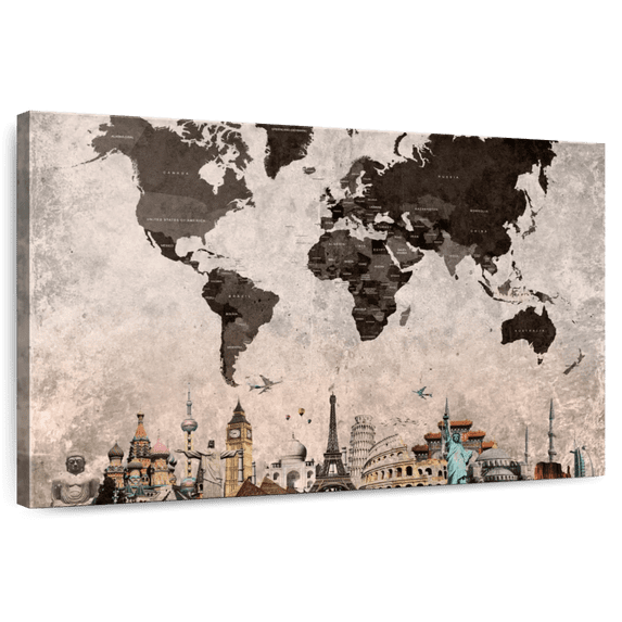 Elephant Stock Grunge Landmarks World Map Wall Art - Horizontal Canvas Wall Art - Living Room Wall Decor - Map Canvas - Brown And Gray Decor - 24" x 16"
