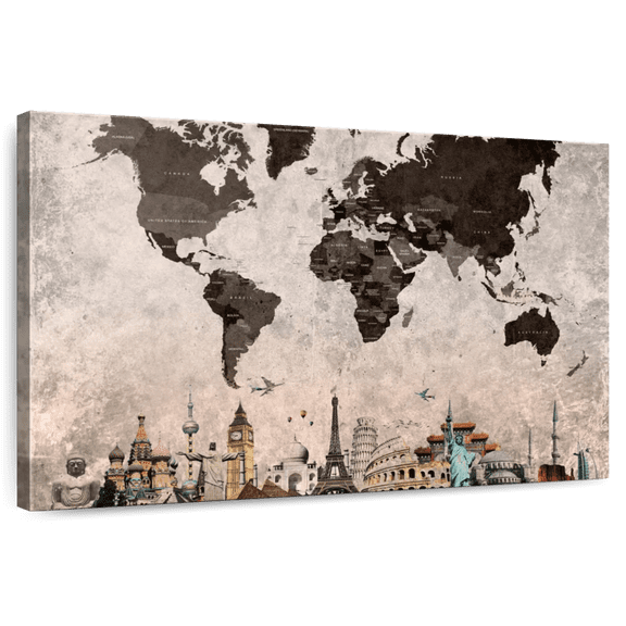 Elephant Stock Grunge Landmarks World Map Wall Art - Horizontal Canvas Wall Art - Living Room Wall Decor - Map Canvas - Brown And Gray Decor - 36" x 24"