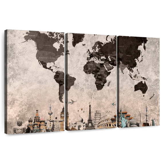 Elephant Stock Grunge Landmarks World Map Wall Art - Horizontal Multi Panel Canvas - Living Room Wall Decor - Map Multi Panel - Brown And Gray Decor - 33" x 20"