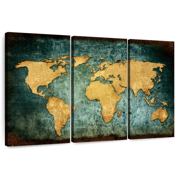 Elephant Stock Grunge World Map Wall Art - Horizontal Multi Panel Canvas - Living Room Wall Decor - Map Multi Panel - Black And Orange Decor - 45" x 28"