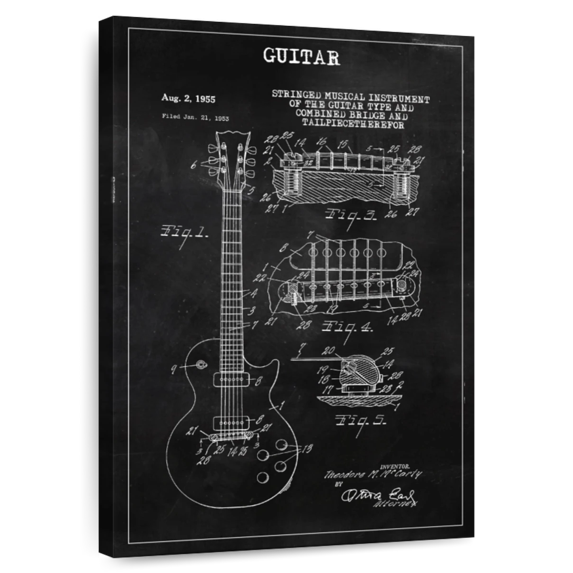 Elephant Stock Guitar Bw Patent Wall Art - Vertical Canvas Wall Art - Living Room Wall Decor - Patent Canvas - Black And Gray Decor - 24" x 36"