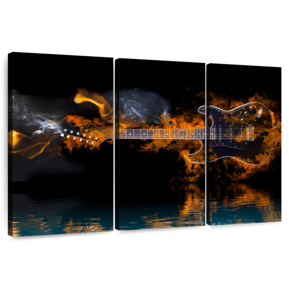 Elephant Stock Guitar On Fire Wall Art - Horizontal Multi Panel Canvas - Living Room Wall Decor - Music Multi Panel - Black And Orange Decor - 74" x 48"