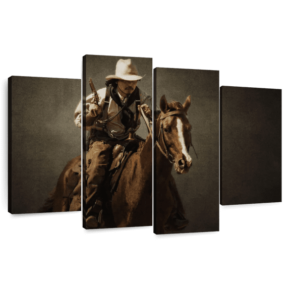 Elephant Stock Gun Toting Cowboy Wall Art - Horizontal Multi Panel Canvas - Living Room Wall Decor - Our America Multi Panel - Brown And Black Decor - 84" x 54"