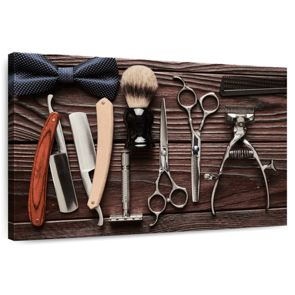Elephant Stock Hair Barber Essentials Wall Art - Horizontal Canvas Wall Art - Hallway Wall Decor - Fashion And Beauty Canvas - Brown And Black Decor - 24" x 16"