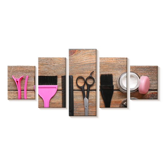 Elephant Stock Hair Styling Accessories Wall Art - Horizontal Multi Panel Canvas - Living Room Wall Decor - Fashion And Beauty Multi Panel - Pink And Brown Decor - 74" x 34"