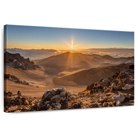 Elephant Stock Haleakala Volcano Golden Sunrise Wall Art - Horizontal Canvas Wall Art - Living Room Wall Decor - Nature Canvas - Brown And Blue Decor - 39" x 26"