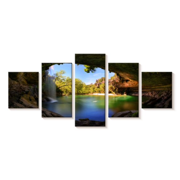 Elephant Stock Hamilton Pool And Waterfall Wall Art - Horizontal Multi Panel Canvas - Living Room Wall Decor - Nature Multi Panel - Brown And Green Decor - 29" x 12"