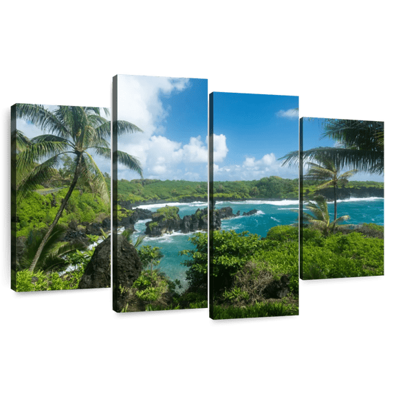 Elephant Stock Hana Black Sand Beach Wall Art - Horizontal Multi Panel Canvas - Living Room Wall Decor - Beach Multi Panel - Blue And Green Decor - 52" x 32"