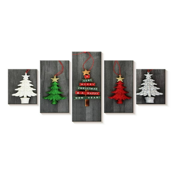 Elephant Stock Hanging Christmas Trees Wall Art - Horizontal Multi Panel Canvas - Living Room Wall Decor - Holiday Multi Panel - Green And Gray Decor - 29" x 12"