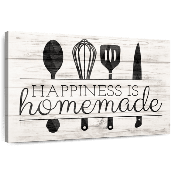 Elephant Stock Happiness Is Homemade Kitchen Tools Wall Art - Horizontal Canvas Wall Art - Living Room Wall Decor - Wall Signs Canvas - Beige And Black Decor - 24" x 16"