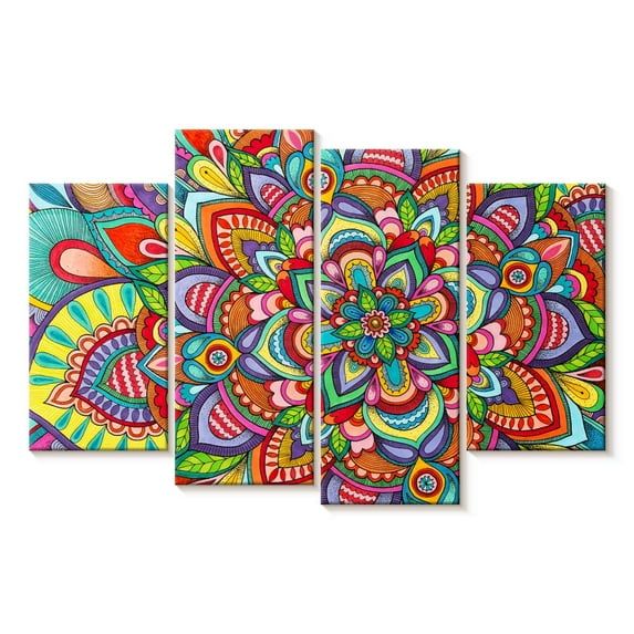 Elephant Stock Happy Organic Mandala Wall Art - Horizontal Multi Panel Canvas - Living Room Wall Decor - Decor Elements Multi Panel - Red And Green Decor By Hello Angel - 43" x 27"