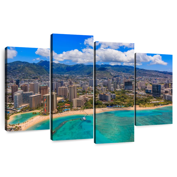 Elephant Stock Hawaii Waikiki Beach Wall Art - Horizontal Multi Panel Canvas - Living Room Wall Decor - Beach Multi Panel - Turquoise And Beige Decor - 43" x 27"