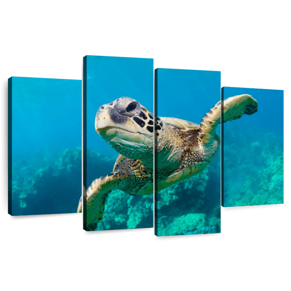 Elephant Stock Hawaiian Green Sea Turtle Wall Art - Horizontal Multi Panel Canvas - Living Room Wall Decor - Animal Multi Panel - Turquoise And Blue Decor - 36" x 22"